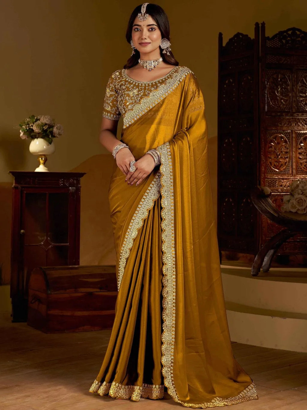 Mustard wedding saree by Fulari featuring detailed zari work and luxurious finish