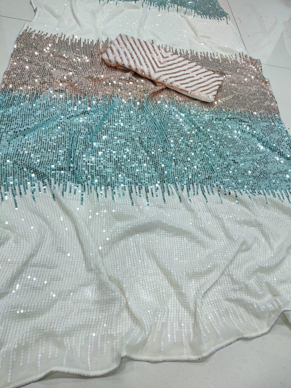 Fulari ombre sequin party wear saree in white, pink and aqua shades with elegant shimmer finish