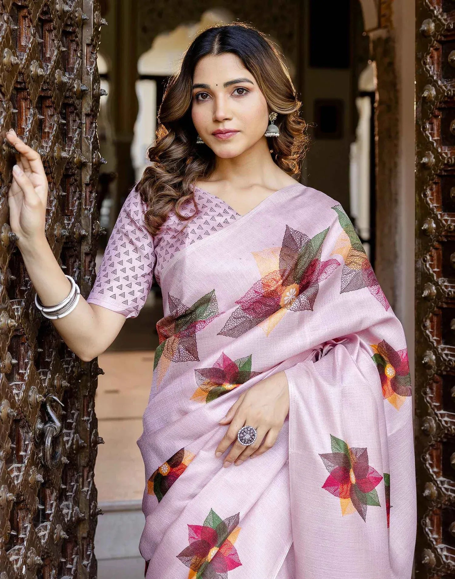 Pastel lavender khadi saree by Fulari featuring artistic floral prints and soft texture