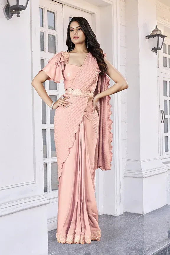 Peach designer saree with applique and moti work by Fulari for festive occasions