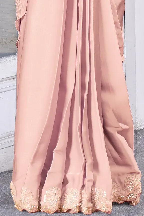 Peach crepe satin silk ready to wear saree by Fulari with applique and moti work
