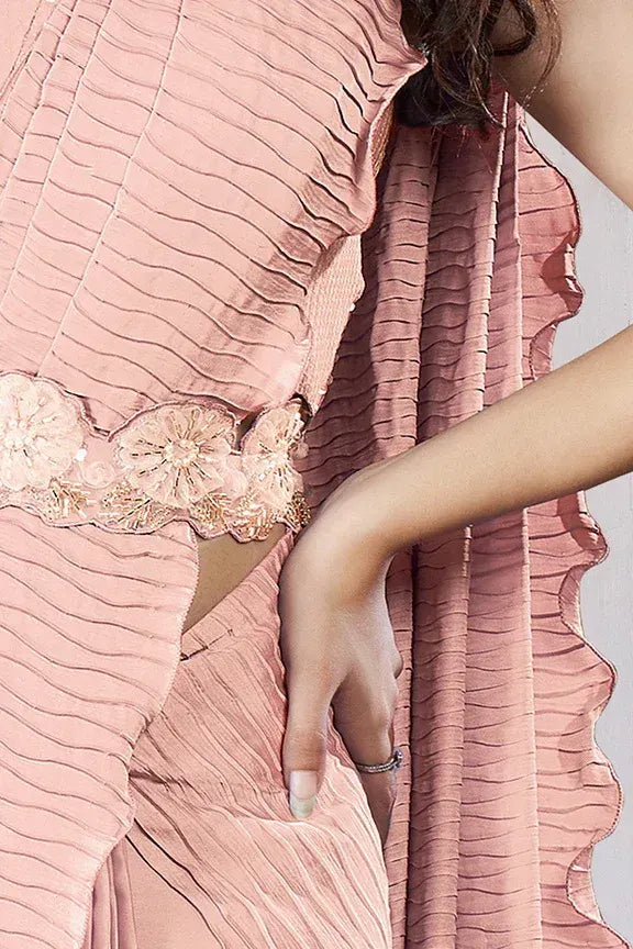 Luxury peach ready to wear saree by Fulari with premium drape and moti embellishment