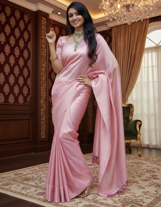 Woman in a pink saree standing in an elegant room with decorative walls and a chandelier.