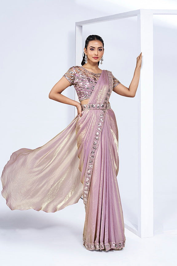 Maroon embellished ready to wear party saree by Fulari with elegant gold detailing