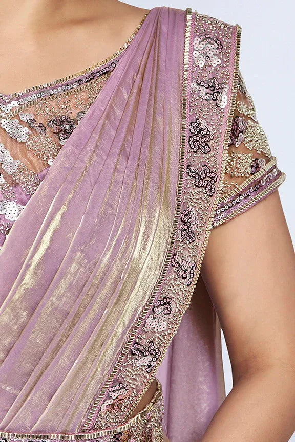 Pink satin silk festive ready made saree by Fulari for weddings and celebrations