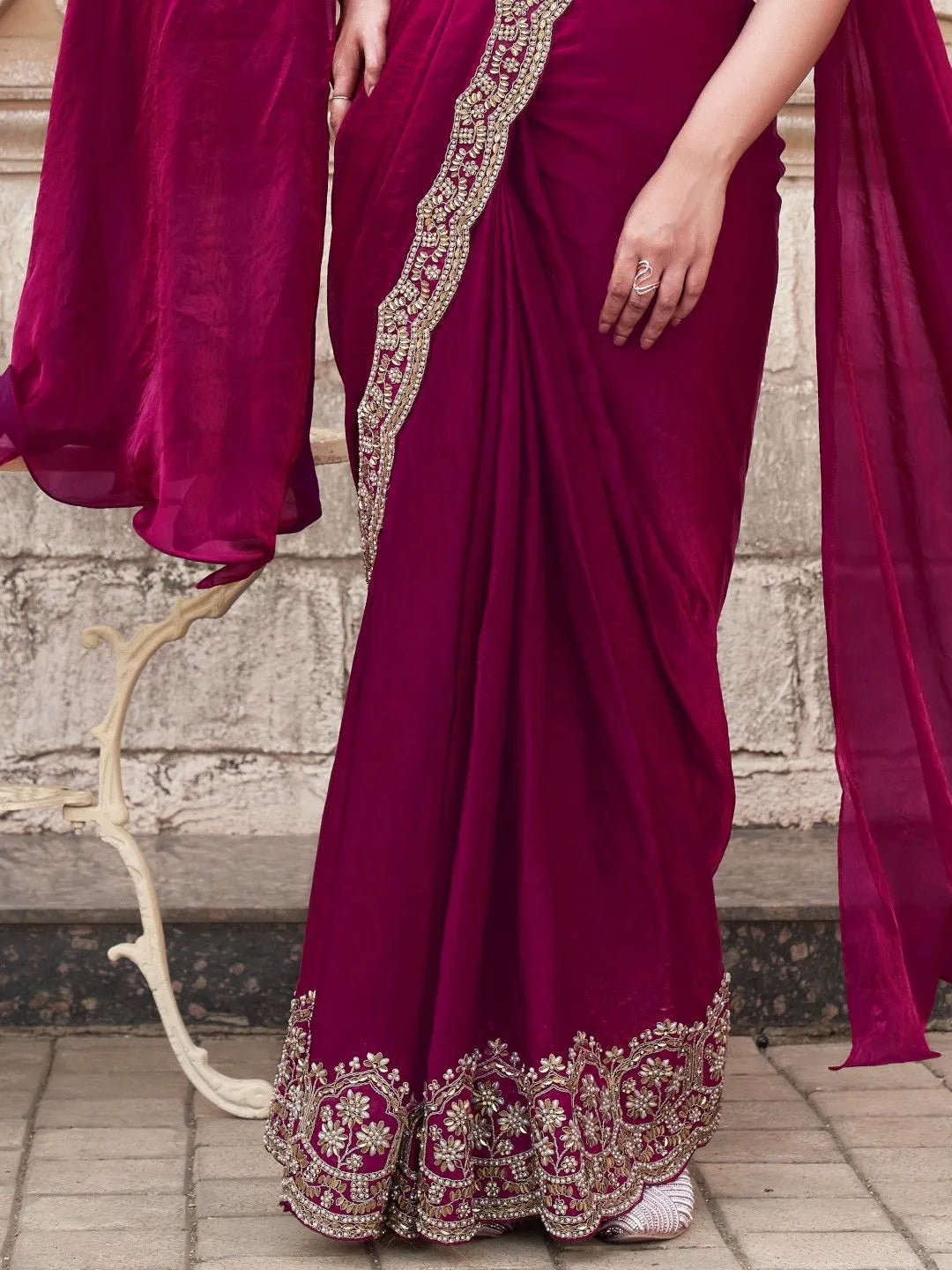 Premium maroon satin silk party wear saree by Fulari for wedding and celebrations