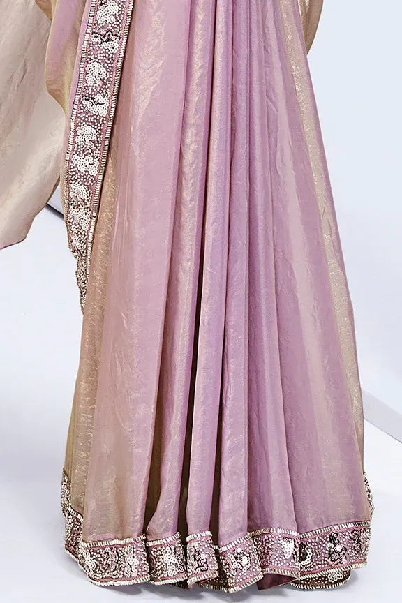 Premium pink embellished ready to wear saree by Fulari with hand work border