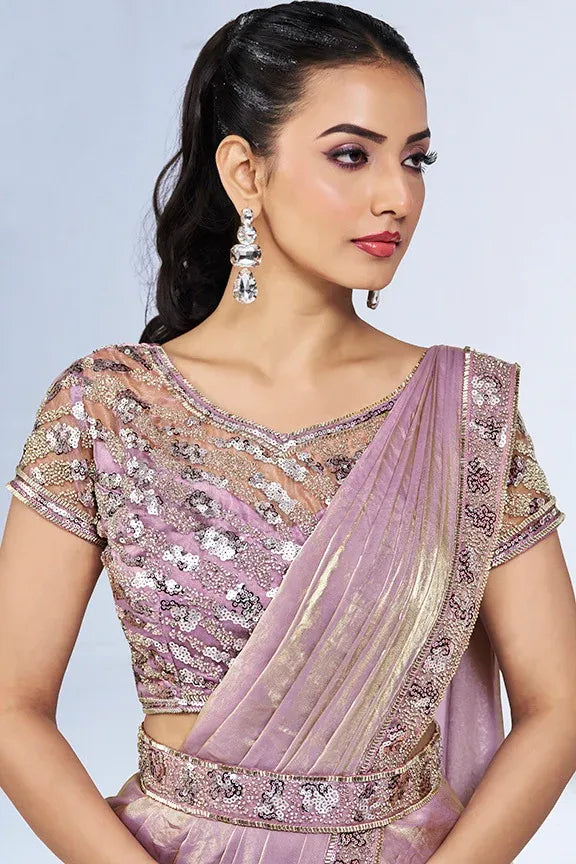 Premium pink embellished ready to wear saree by Fulari with hand work border