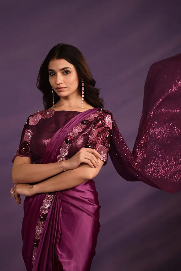 Premium purple embroidered ready to wear saree by Fulari with luxury finish