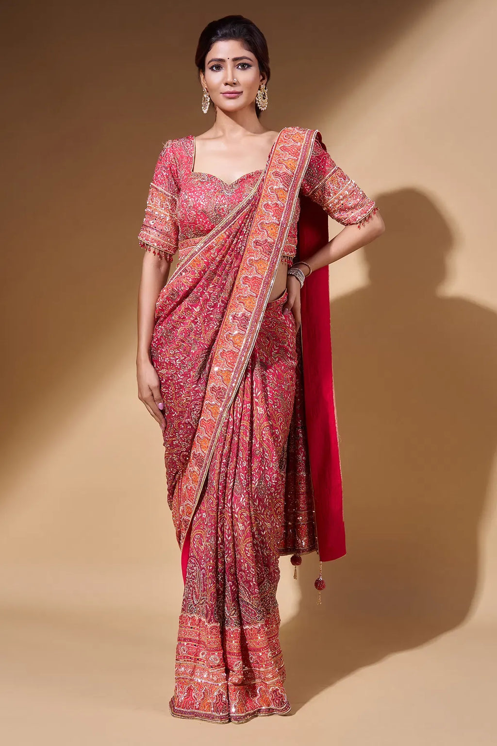 Fulari Women's Orange Printed Crepe Saree with Ready-to-Wear Half Sleeves Blouse for Party & Festive Wear