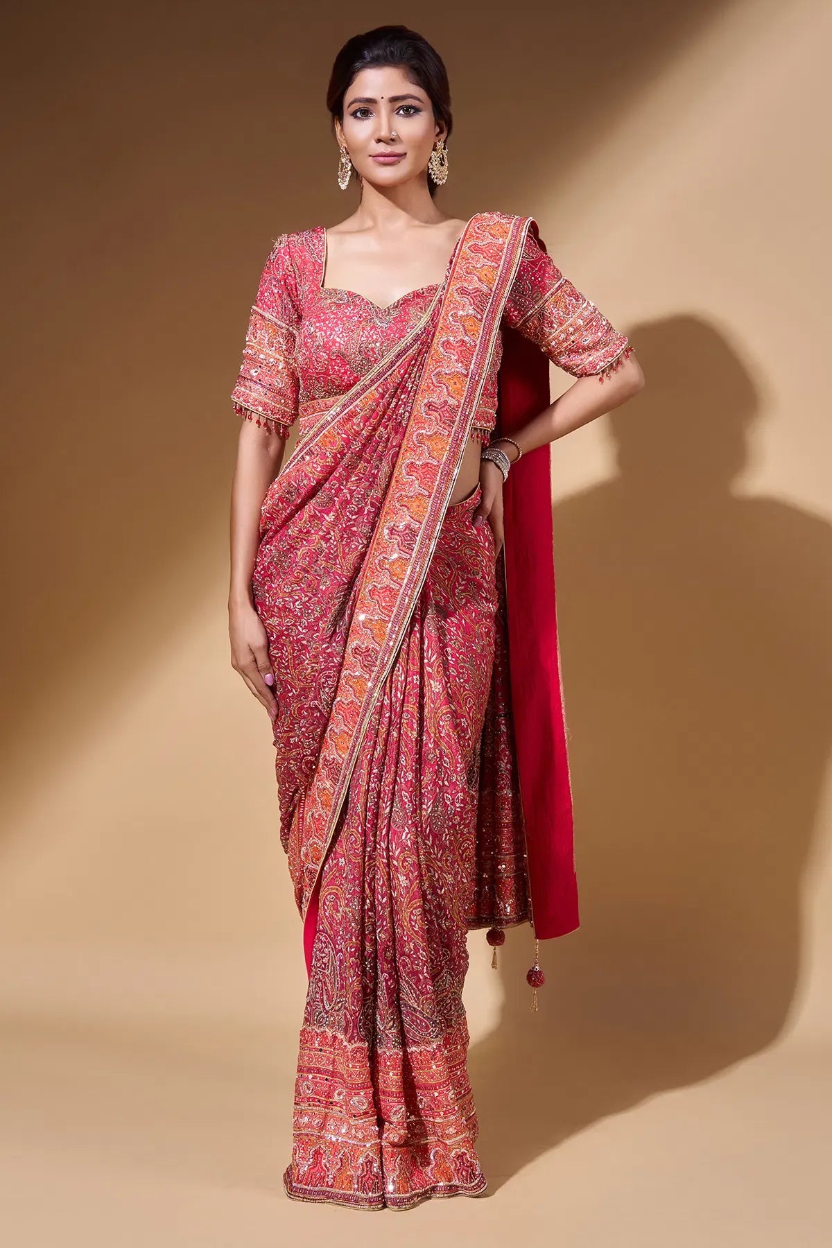 Fulari Women's Orange Printed Crepe Saree with Ready-to-Wear Half Sleeves Blouse for Party & Festive Wear