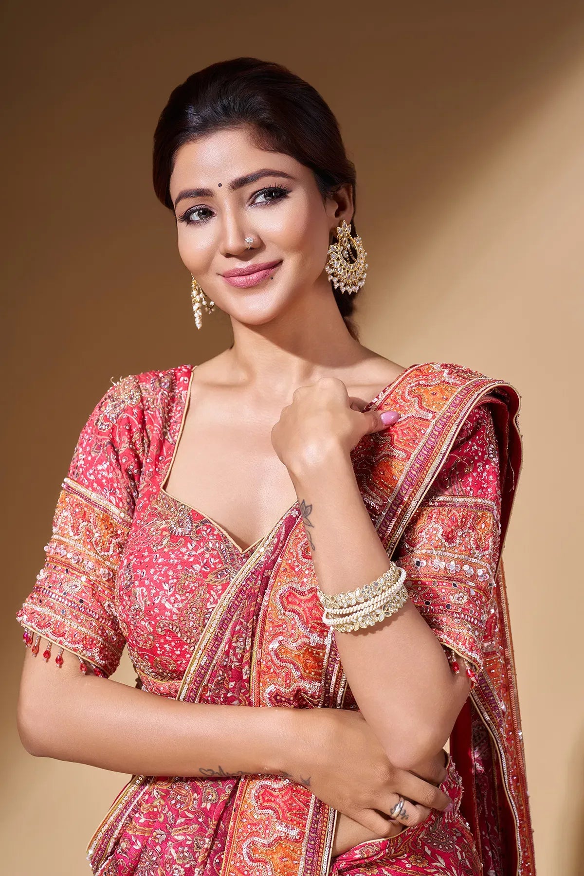 Fulari Women's Orange Printed Crepe Saree with Ready-to-Wear Half Sleeves Blouse for Party & Festive Wear