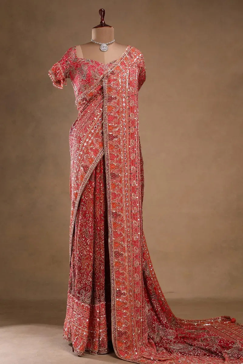Fulari Women's Orange Printed Crepe Saree with Ready-to-Wear Half Sleeves Blouse for Party & Festive Wear