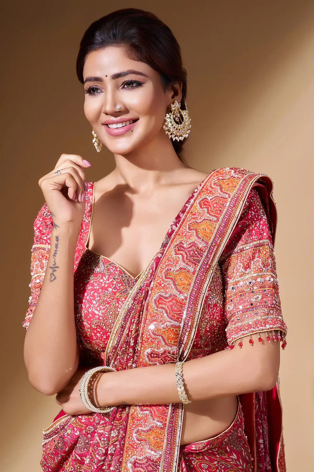 Fulari Women's Orange Printed Crepe Saree with Ready-to-Wear Half Sleeves Blouse for Party & Festive Wear