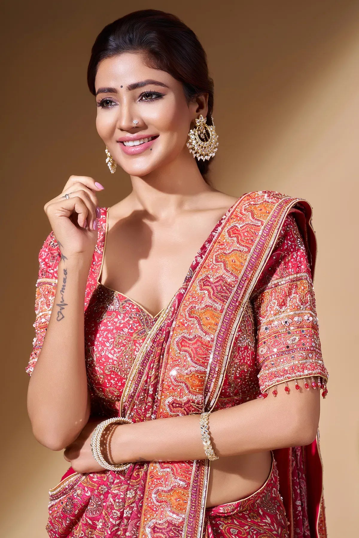 Fulari Women's Orange Printed Crepe Saree with Ready-to-Wear Half Sleeves Blouse for Party & Festive Wear