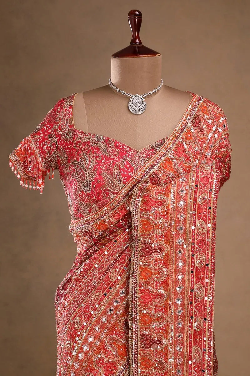 Fulari Women's Orange Printed Crepe Saree with Ready-to-Wear Half Sleeves Blouse for Party & Festive Wear
