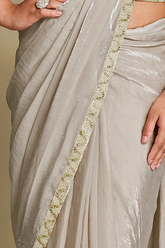 Premium satin silk ready saree for party wear featuring fine hand embroidery by Fulari