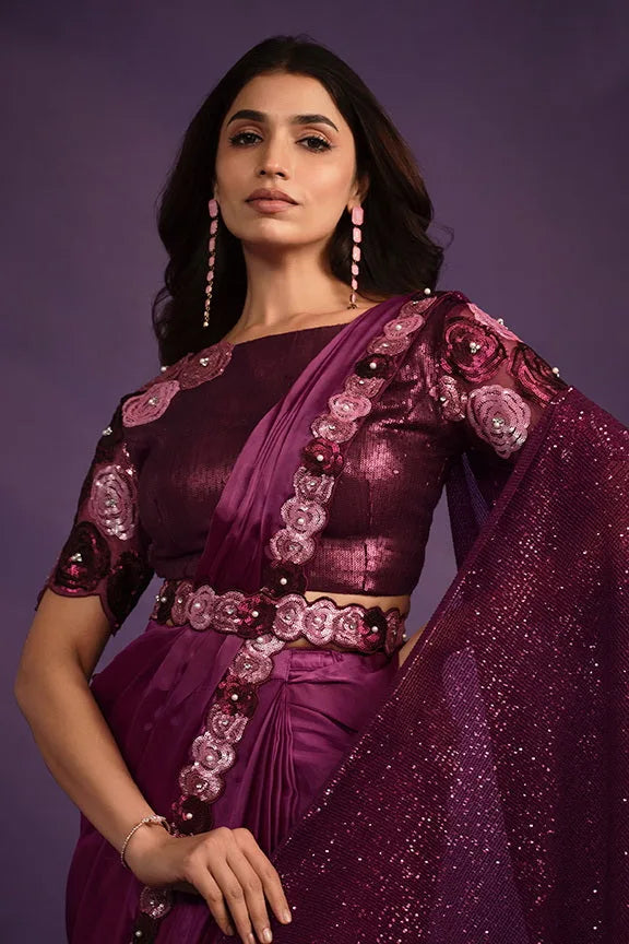 Purple crepe satin silk embroidered ready to wear saree by Fulari with stitched blouse