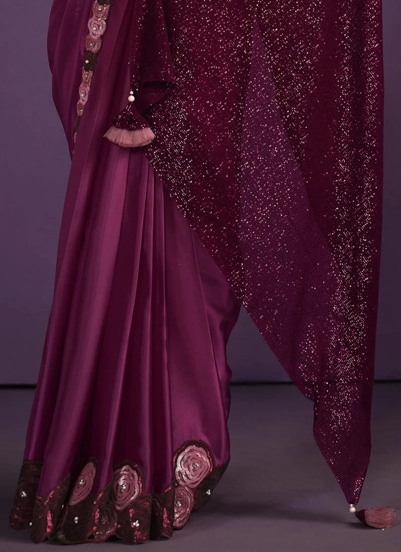 Purple designer party wear ready made saree by Fulari with elegant embroidery