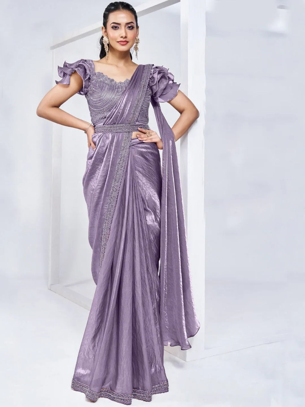 Purple designer satin ready made saree by Fulari for party and festive wear