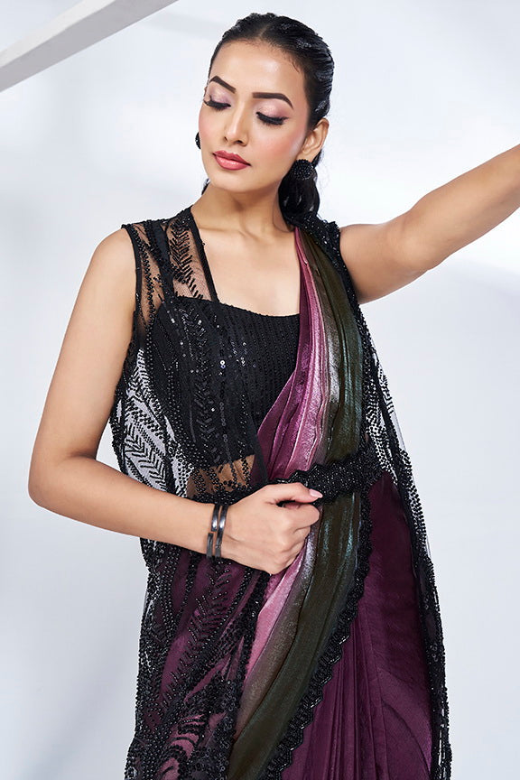 Fulari purple and black ombre party wear saree with stylish modern drape