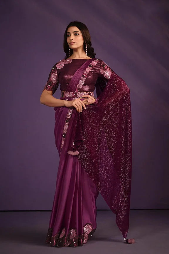 Purple satin silk festive embellished saree by Fulari for weddings and celebrations