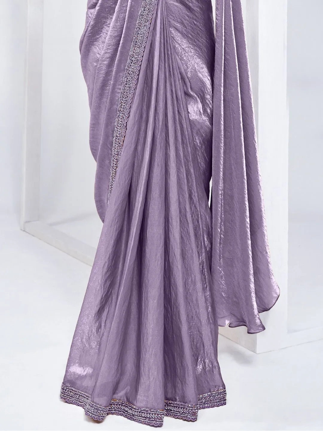 Purple satin silk party wear ready to wear saree by Fulari with premium finish