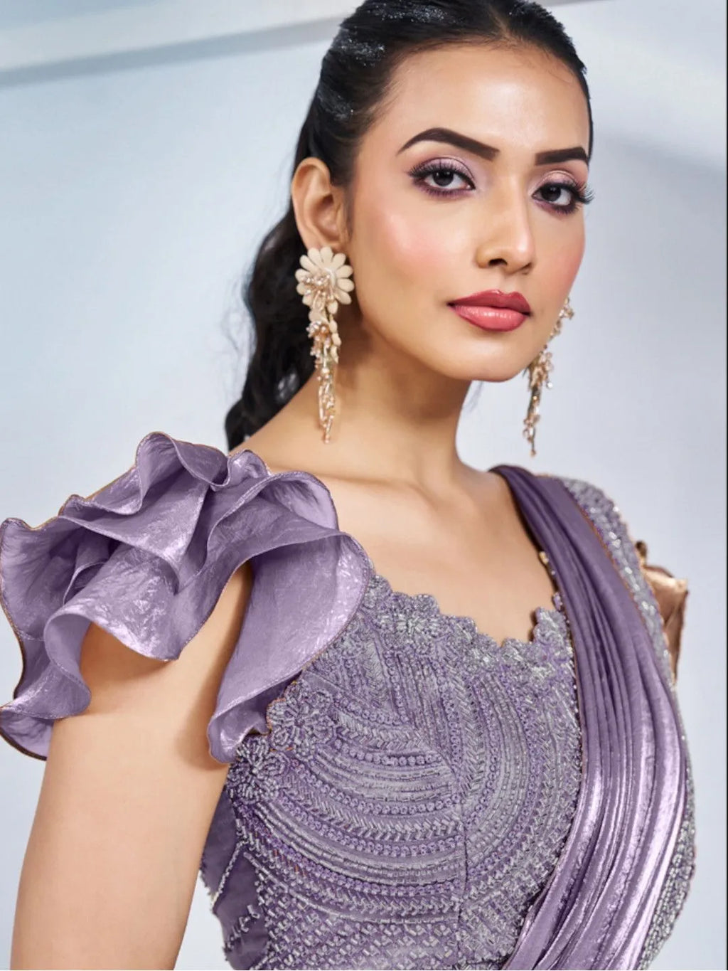 Purple satin silk ready to wear saree by Fulari with elegant stitched blouse