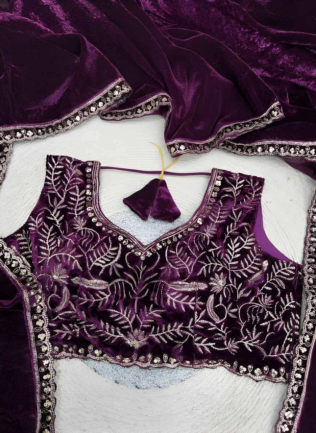 Fulari purple velvet party wear saree with rich texture and elegant drape for evening occasions