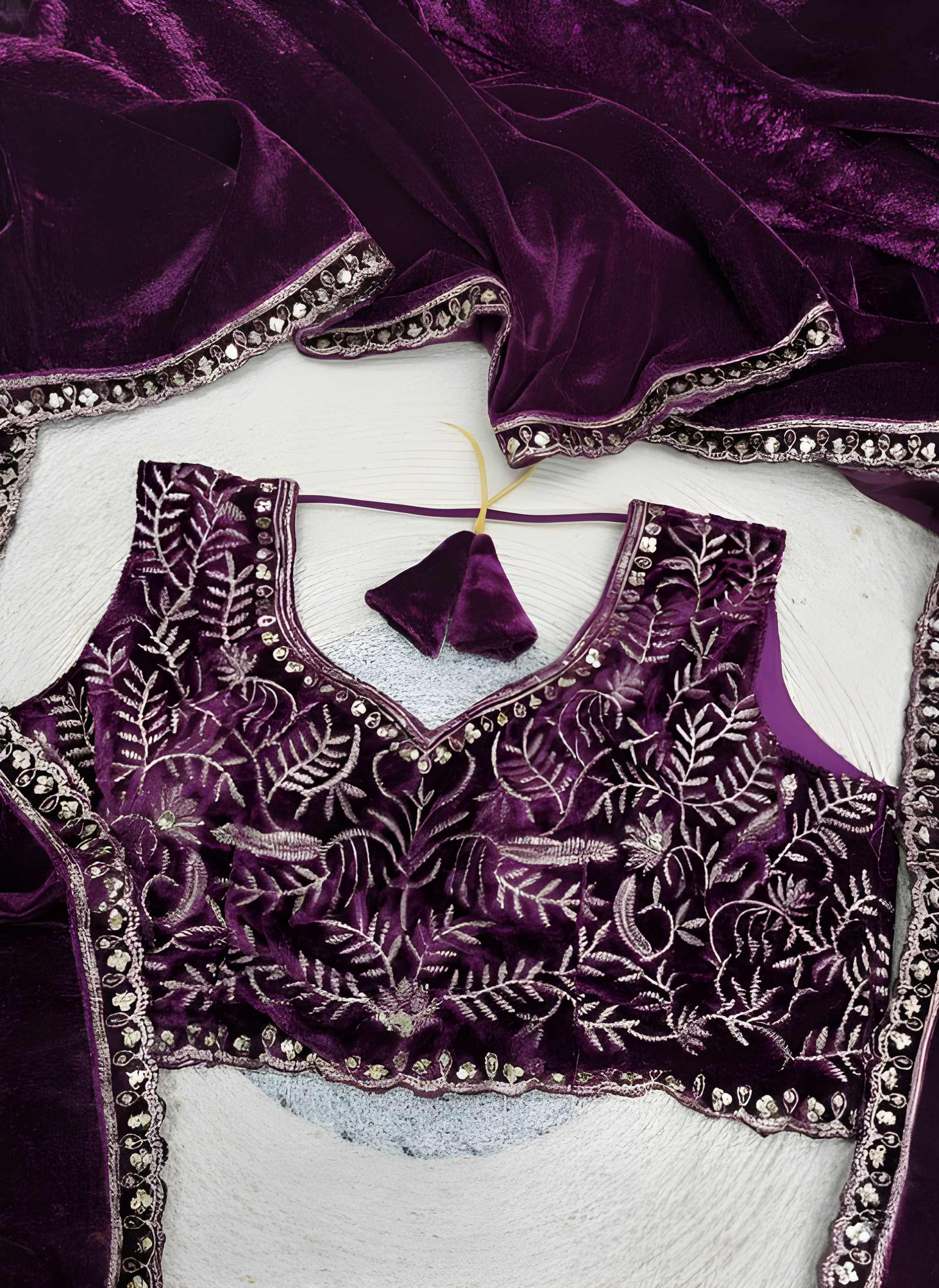 Fulari purple velvet party wear saree with rich texture and elegant drape for evening occasions