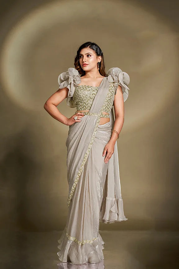 Fulari ready-to-wear two tone satin silk saree featuring sequins, beads and intricate aari work for elegant party and festive wear