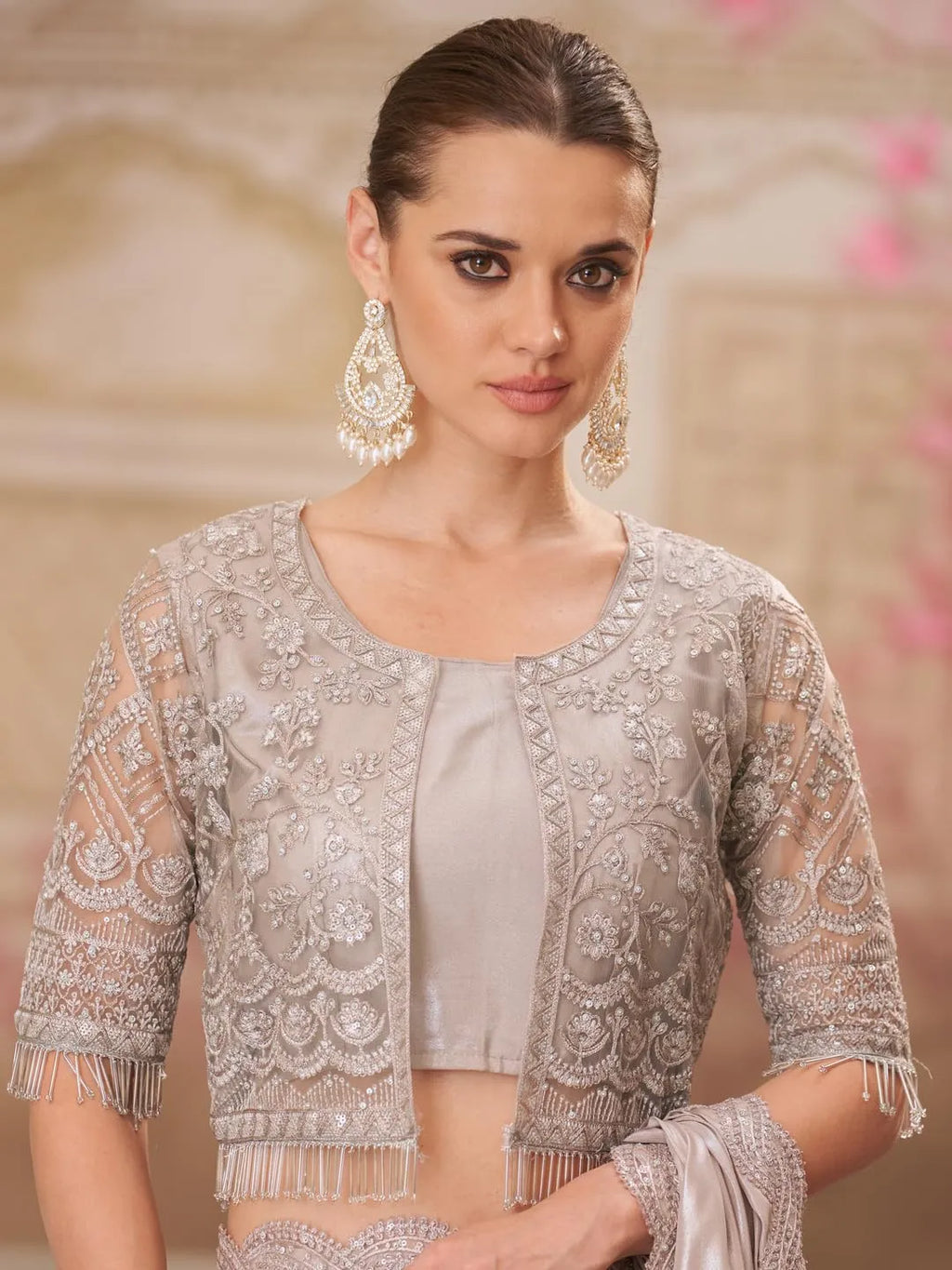 Silver grey party wear saree by Fulari with intricate embroidery and modern styling