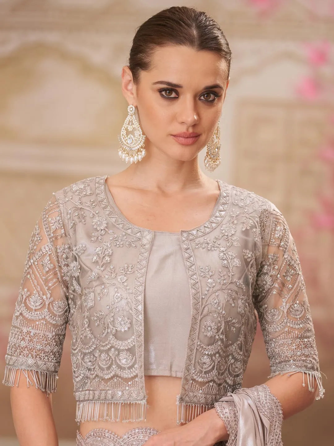 Silver grey party wear saree by Fulari with intricate embroidery and modern styling