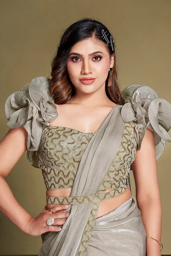 Two tone satin silk ready to wear saree by Fulari with aari embroidery for party and festive occasions