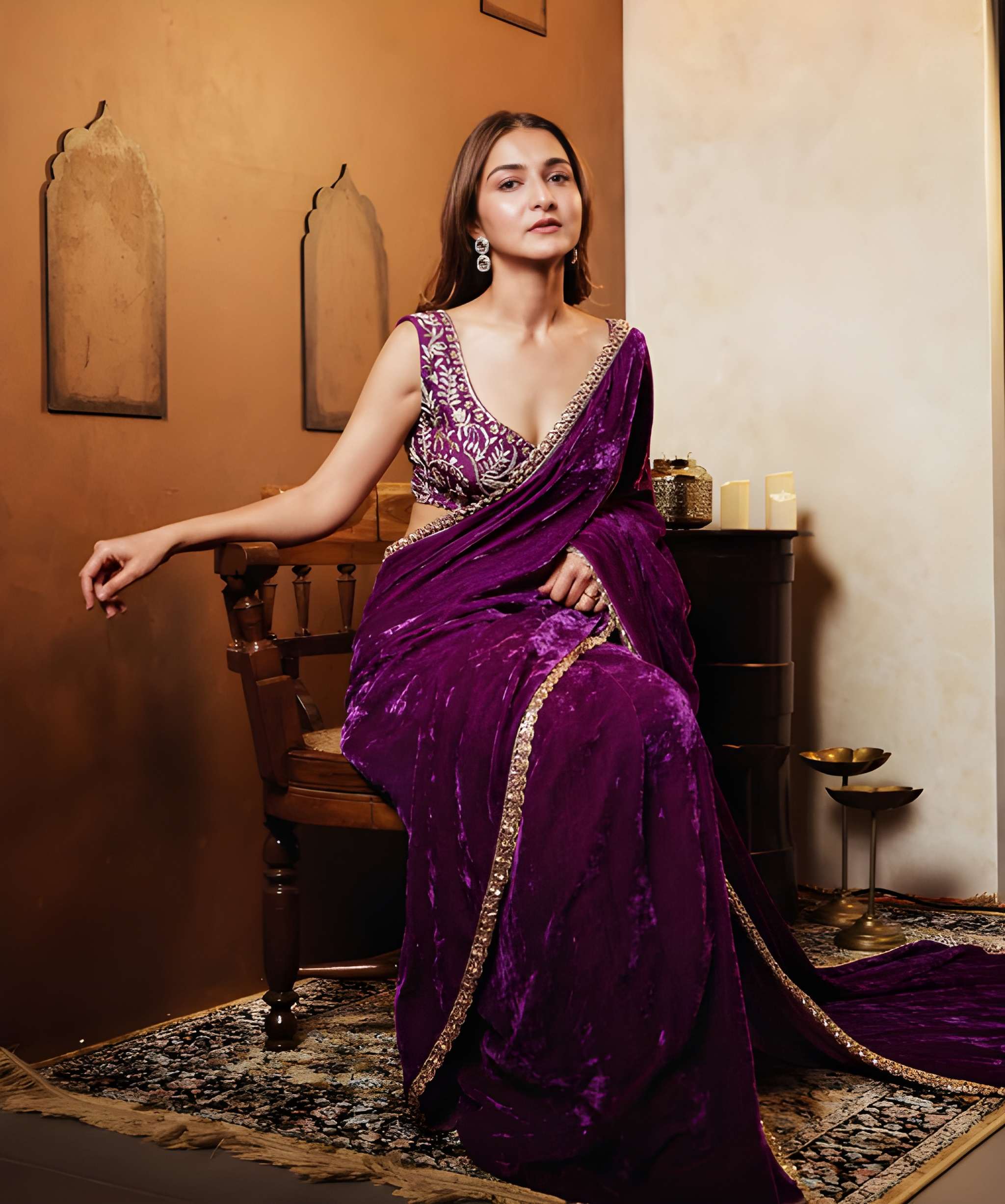 Fulari velvet festive wear saree in royal purple perfect for weddings and celebrations