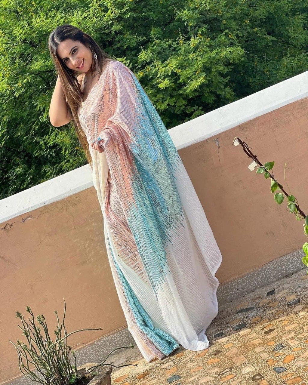 Fulari white base saree with pink and aqua ombre sequin work, elegant party wear saree for festive, wedding and cocktail occasions