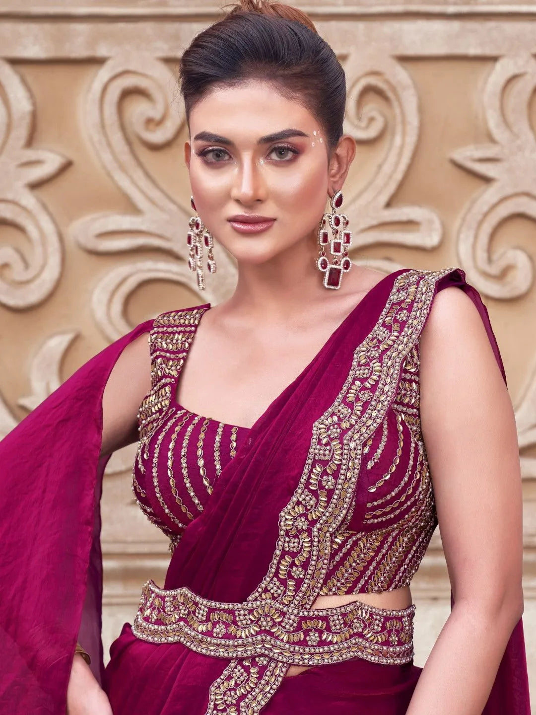 Wine maroon designer festive wear saree by Fulari with rich embroidery work
