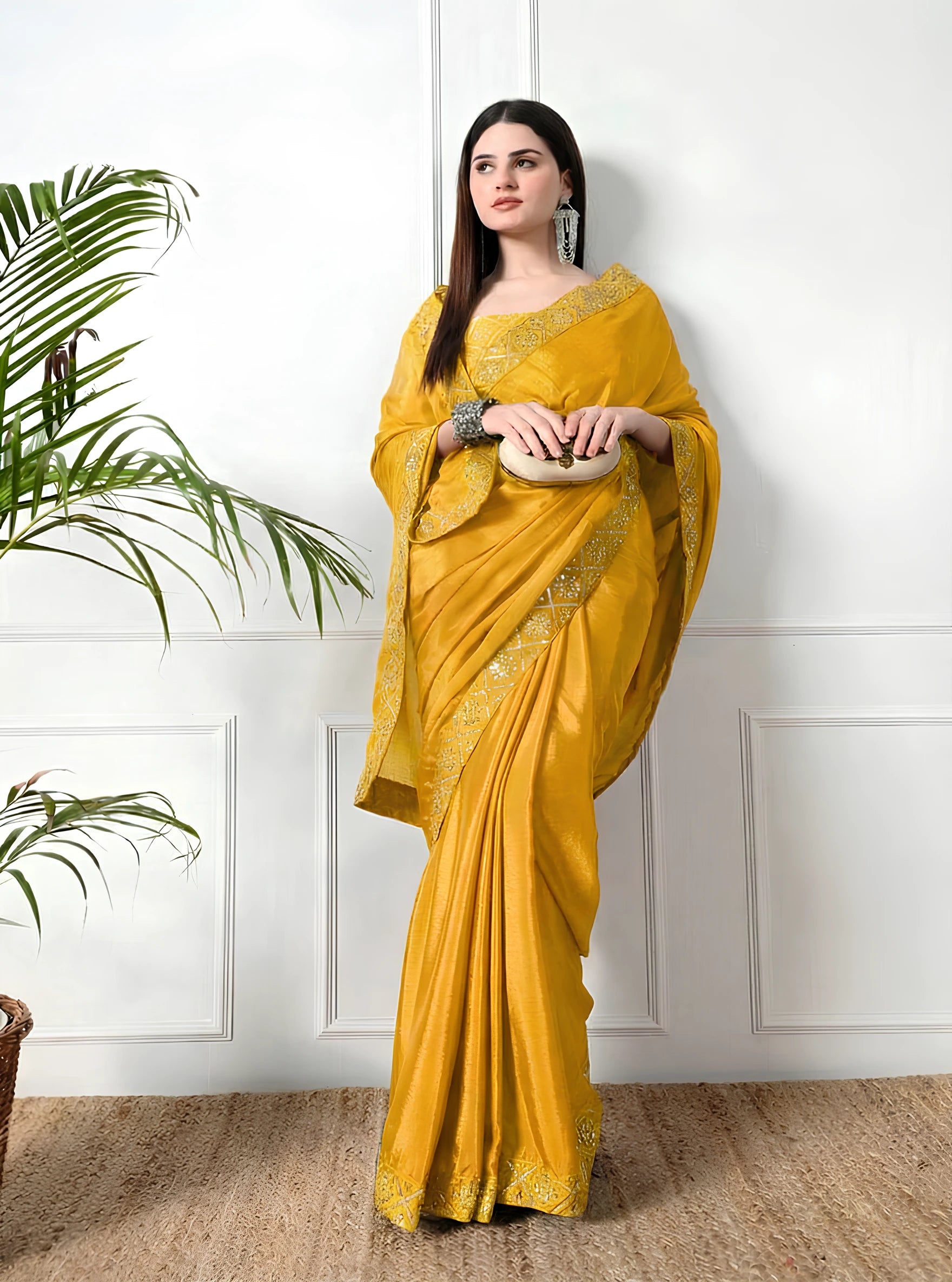 Fulari women yellow party wear saree