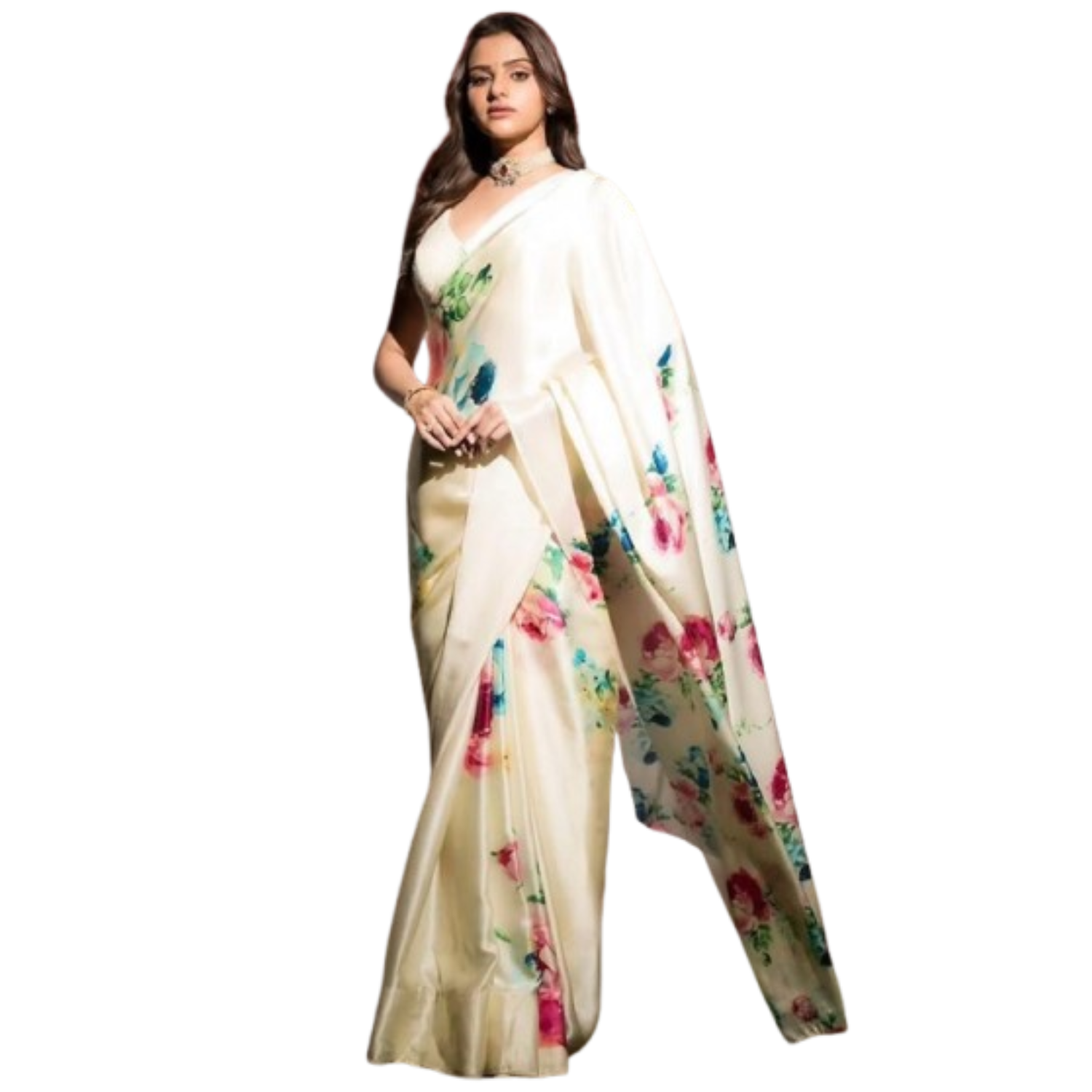 Fulari Ivory Satin Floral Saree