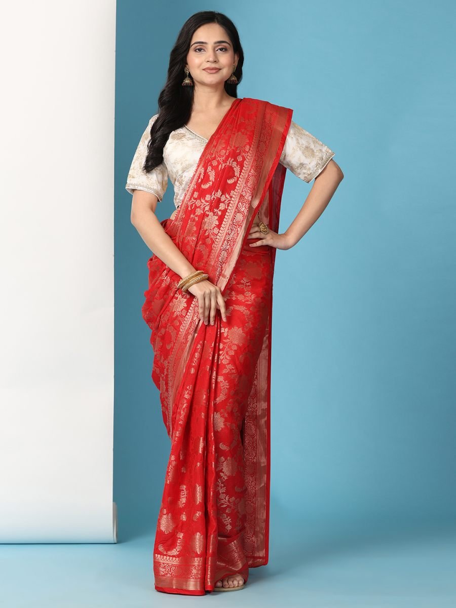 Fulari red Banarasi georgette ready to wear saree with stylish stitched blouse for festive and party wear