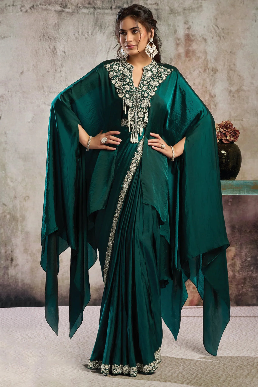 Fulari Green Designer Saree Statement Kaftan Style Blouse Ready To Wear