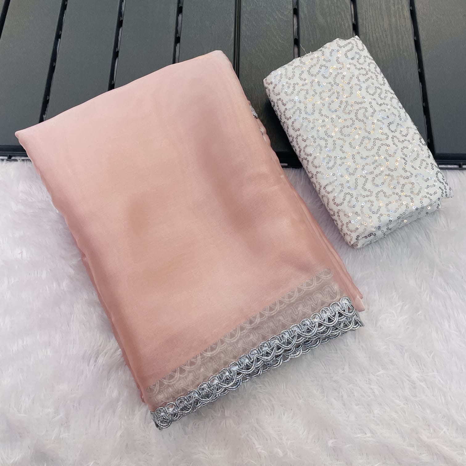 Peach party wear saree with silver lace border - Designer Fulari saree collection for women