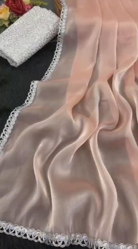 Peach pink saree with silver lace border - Designer saree video - Fulari handcrafted collection