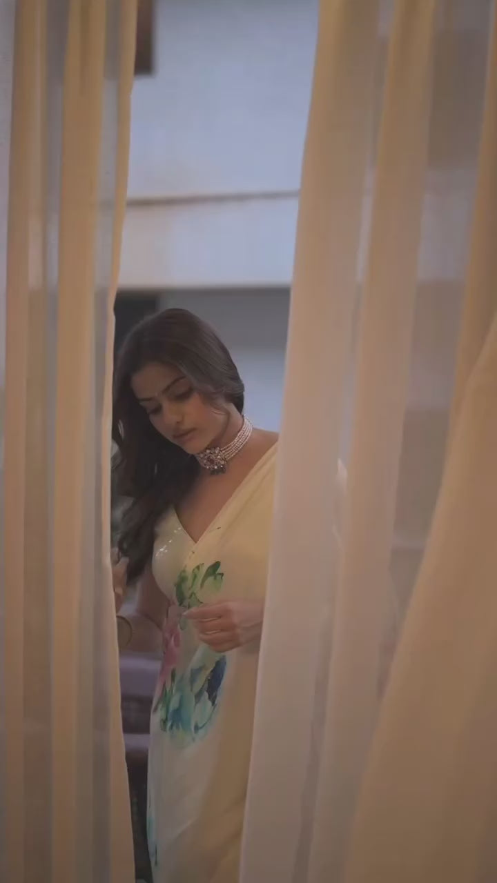 Fulari Ivory Satin Floral Saree