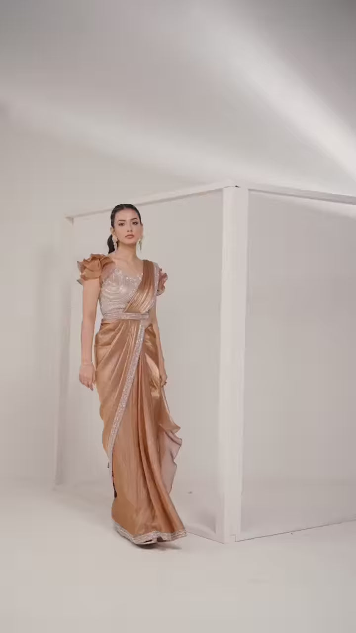 Luxury brown embellished saree by Fulari for cocktail and festive occasions