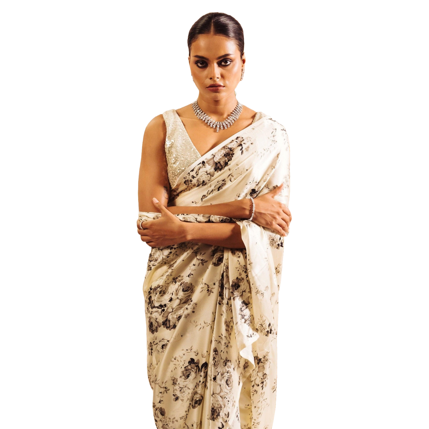Fulari Elegant Floral Print Satin Saree – Ivory & Black with Matching Blouse Piece