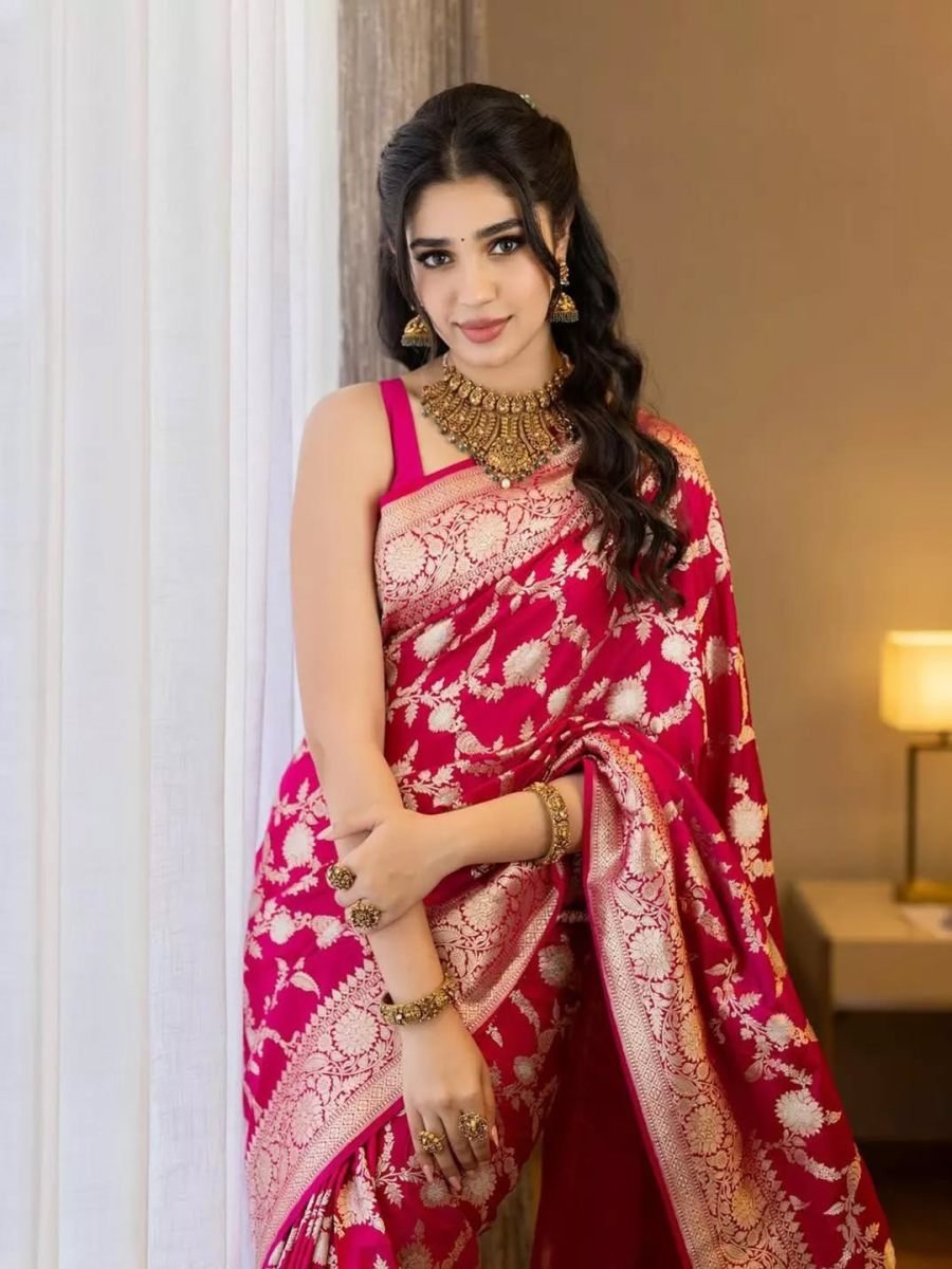 Fulari rani pink Banarasi saree with premium zari weaving designed for an elegant festive look