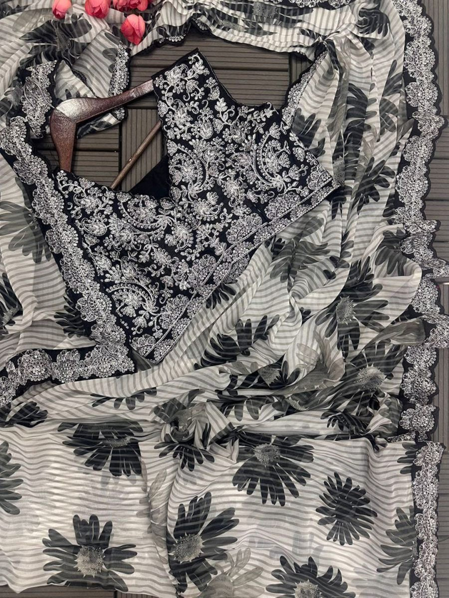 White Ready-to-Wear Embroidered Georgette Saree With Stiched Blouse