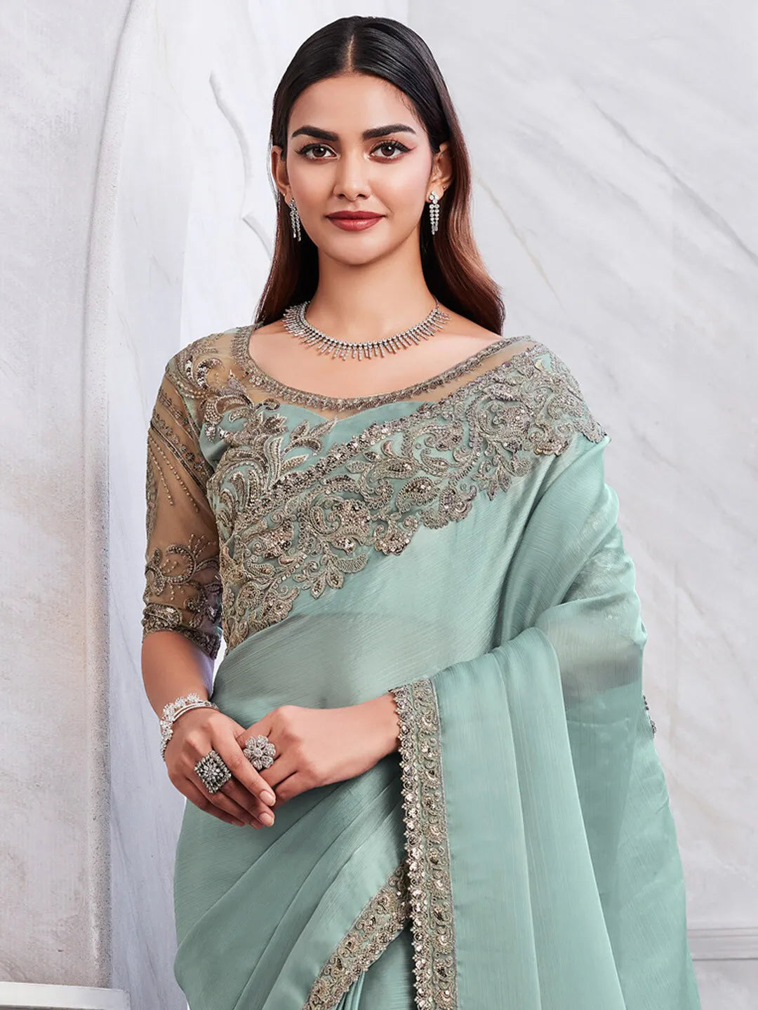 Women’s sea green chiffon saree with detailed embroidery perfect for festive occasions fulari